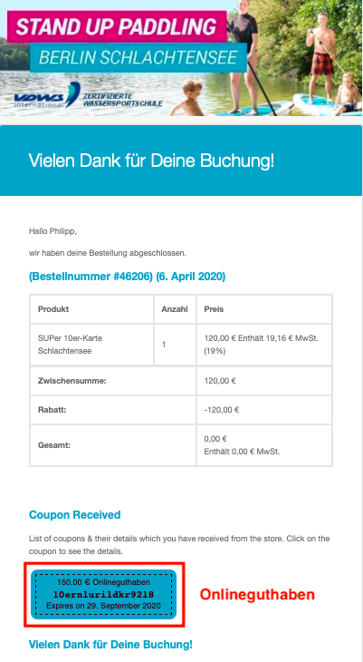 Stehpaddler SUP Verleih Berlin Schlachtensee Bestellbestätigungsemail 10er Karte