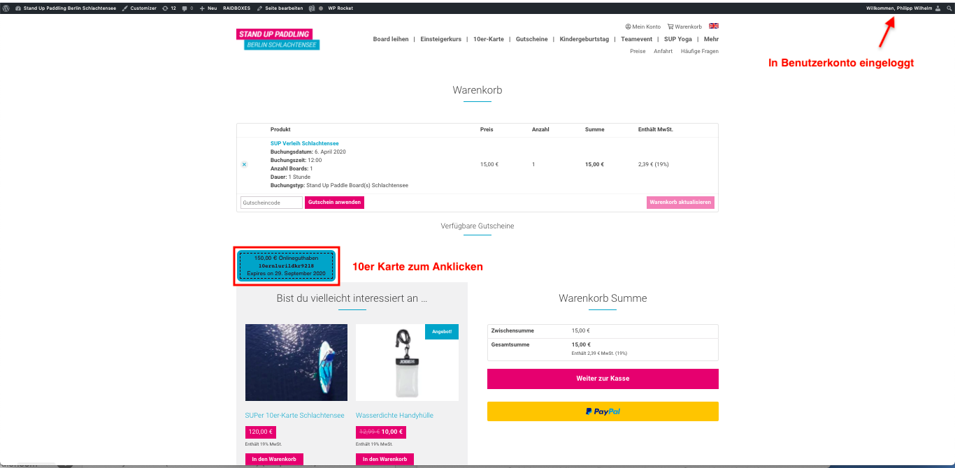 Stehpaddler.com Onlineguthaben in Warenkorb wenn in Benutzerkonto eingeloggt